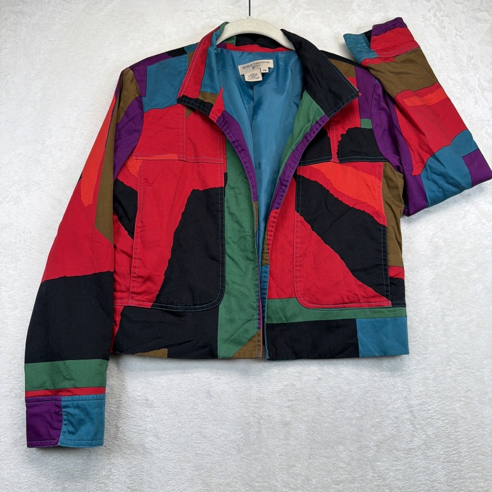 Womens Petite M 90s Retro Colorblock Cropped Jacket Geometric Artsy